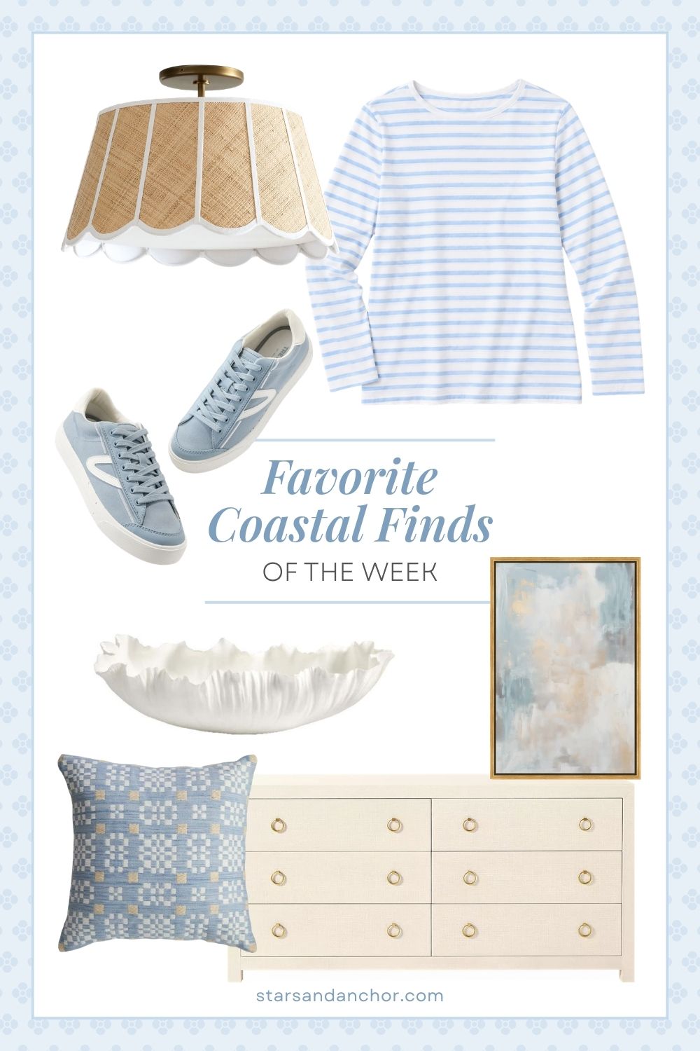 A collage named "favorite coastal finds of the week" featuring a scalloped ceiling light, a blue and white striped long-sleeve shirt, gray-blue and white sneakers, a decorative porcelain bowl, a patterned woven throw pillow, an abstract painting print, and a beige coastal dresser.